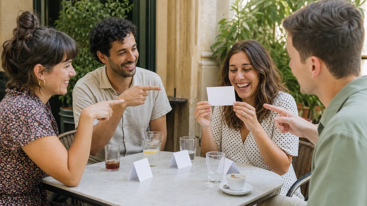 Amigos votando en un juego de preguntas en una cafetería