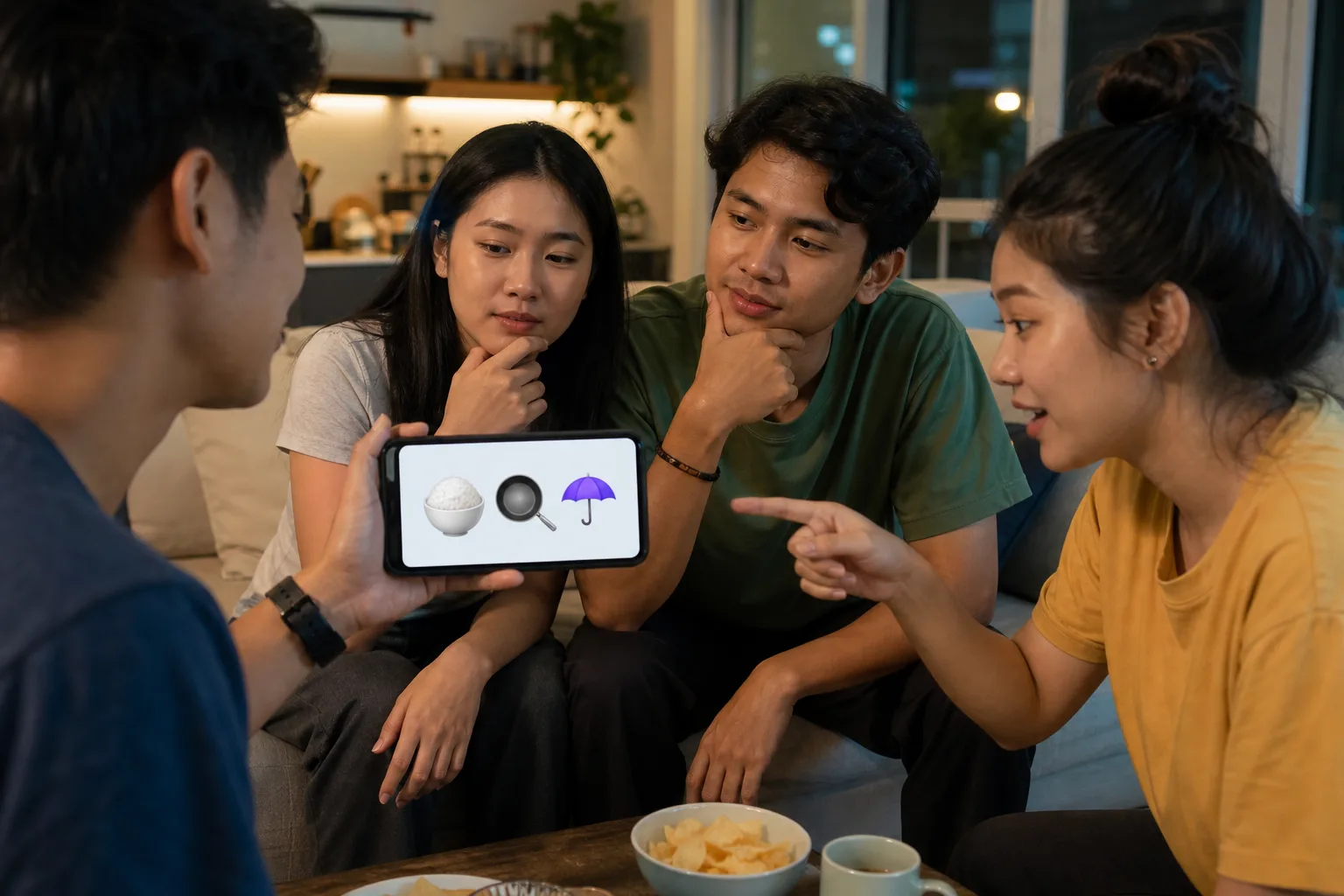Grup teman menebak emoji di ponsel