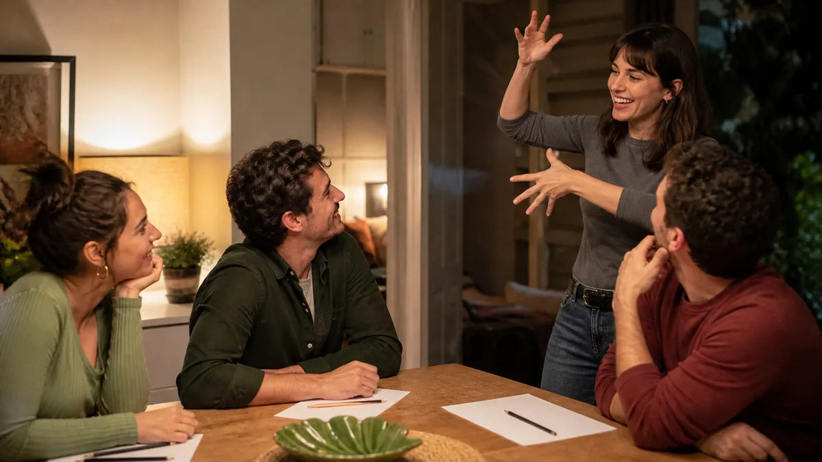 Amigos jugando a mímica durante un reto