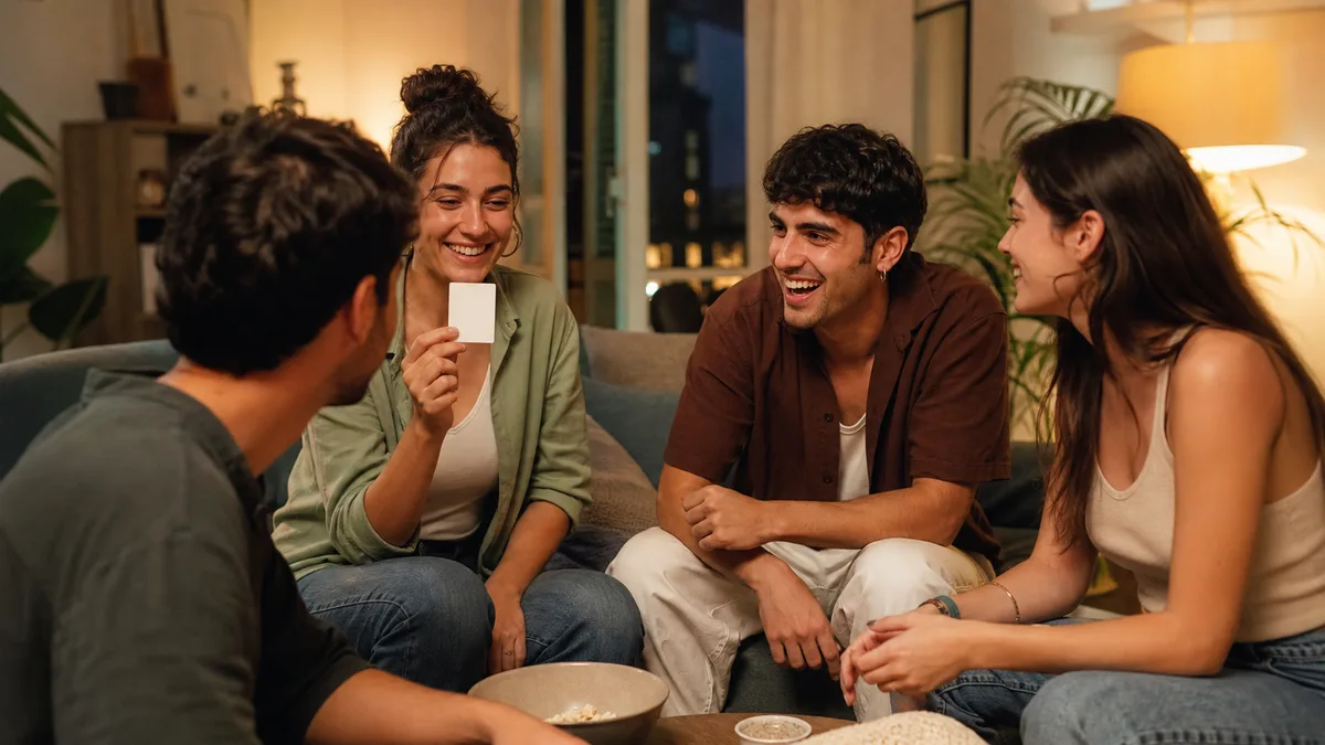 Grupo de amigos jugando a verdad o reto en un salón