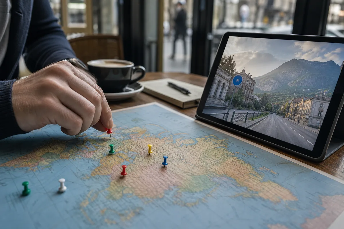 Main plaçant un repère sur une carte devant une vue de rue