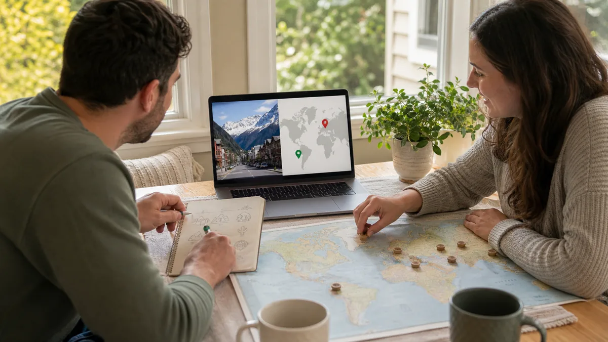 Two friends review a mountain-town round with map tokens and clue sketches