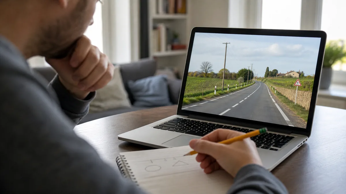 A player studies road markings, bollards, utility poles, and a warning sign