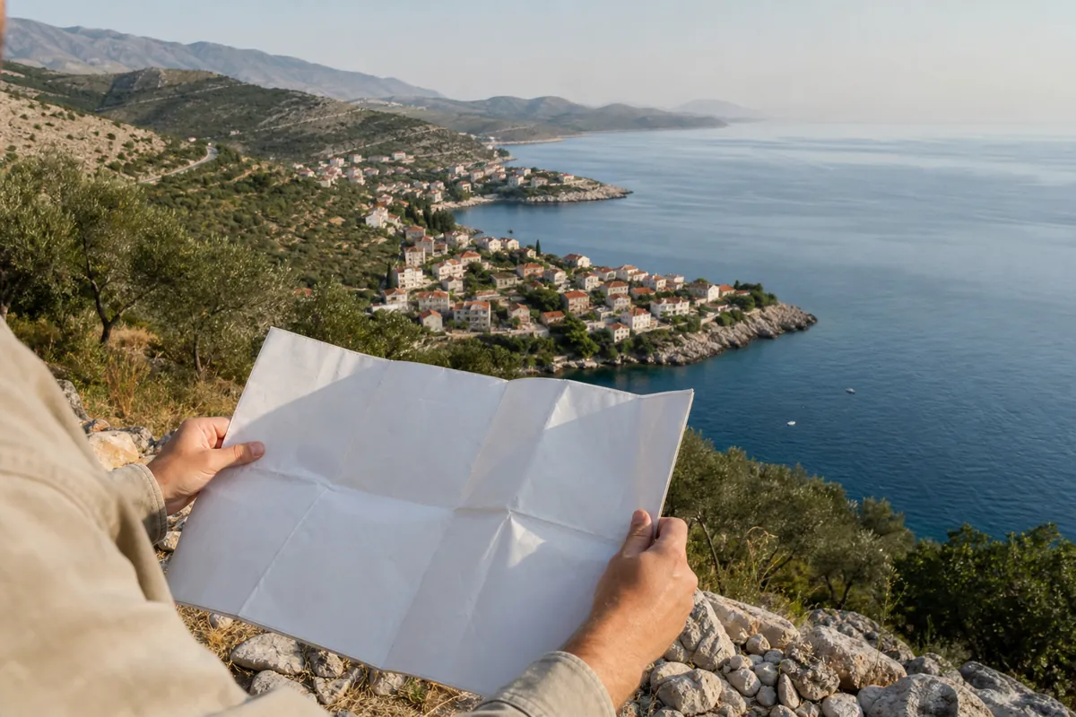 Karta i pogled na hrvatski obalni krajolik