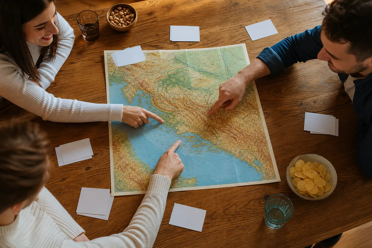 Prijatelji rješavaju geografski kviz uz kartu Hrvatske