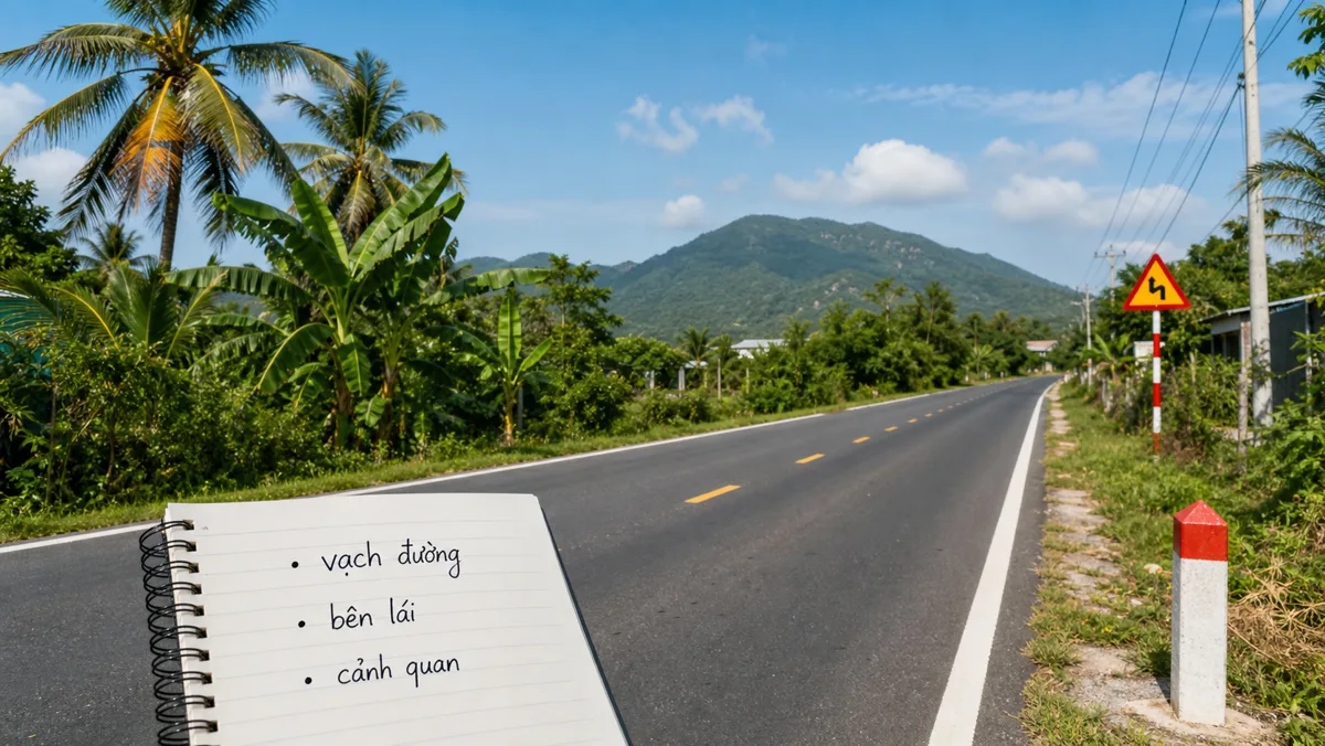 Cận cảnh vạch đường, cọc tiêu và biển báo trên tuyến đường nông thôn