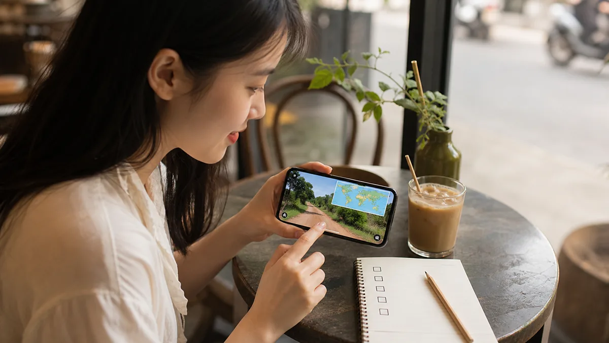 Điện thoại hiển thị thử thách địa lý hằng ngày bên cuốn sổ ghi chú