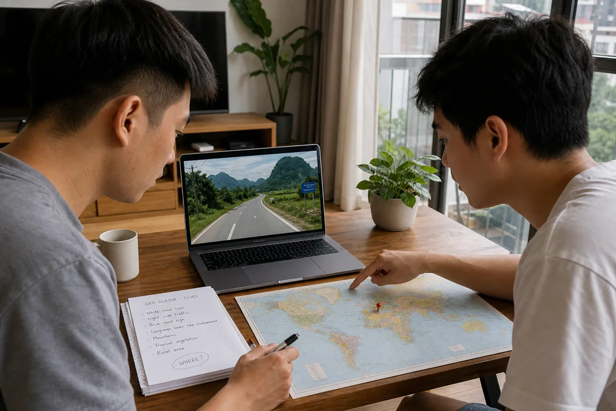Hai người bạn ghi các manh mối đường sá trước khi đặt ghim