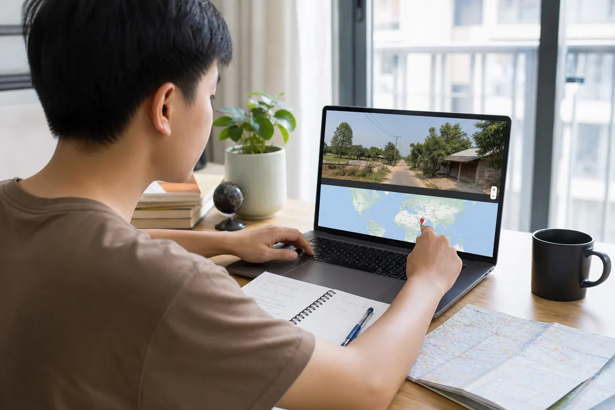 Người chơi quan sát panorama đường phố và chuẩn bị ghim bản đồ