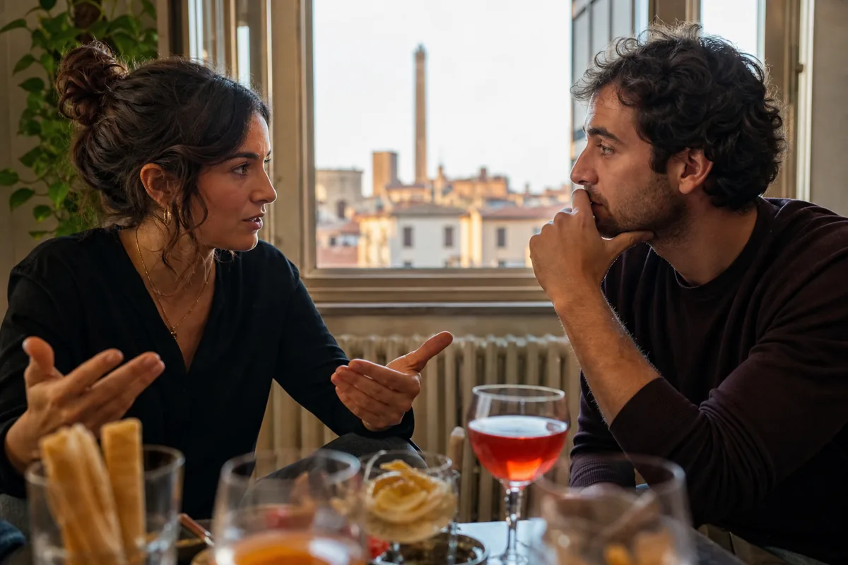 Due amici discutono una scelta durante l'aperitivo