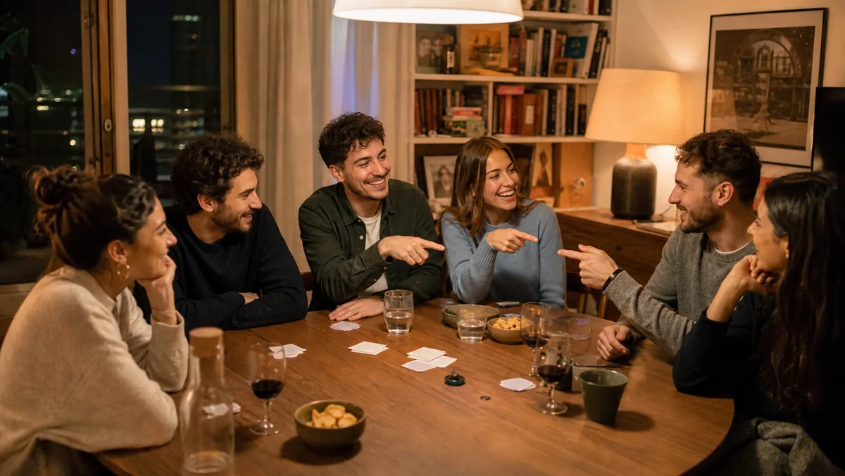 Amici italiani giocano a Preferiresti intorno a un tavolo