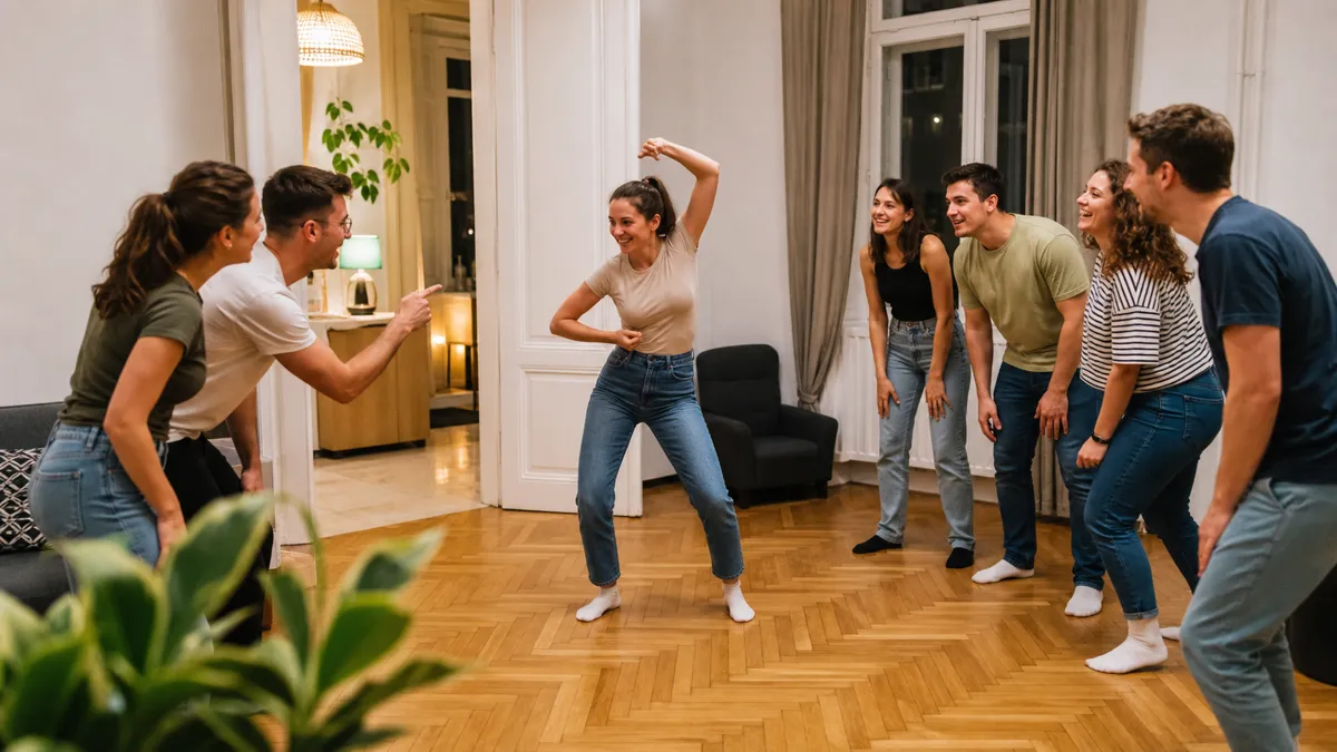 Két csapat vidám mozgásos játékot játszik egy nappaliban
