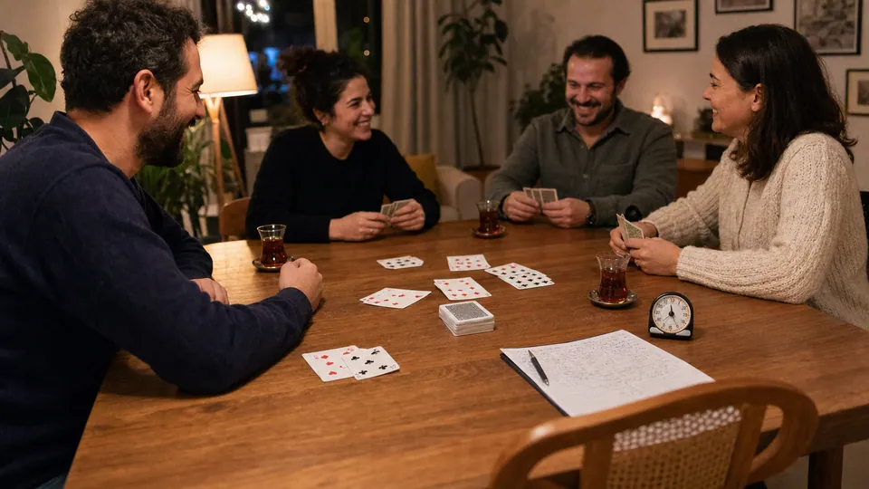 Adults finishing a card game around a dining table
