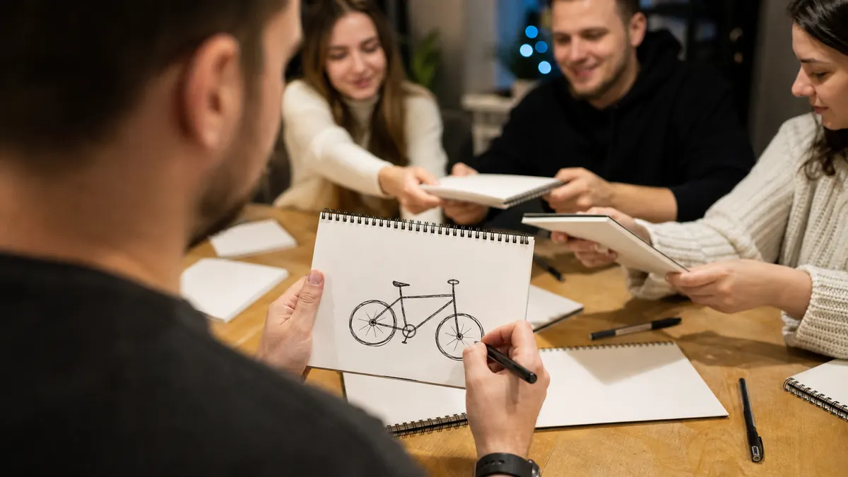 Player drawing a bicycle while friends pass sketchpads