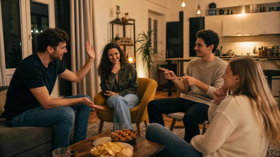 Baráti társaság választós játékot játszik egy nappaliban