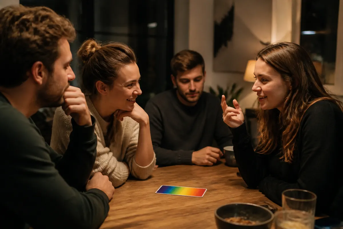 Barátok mosolyogva vitatnak meg egy játékbeli asszociációt