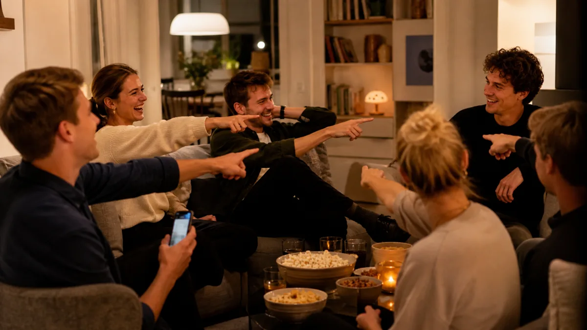 Venner peger under en hurtig spilrunde