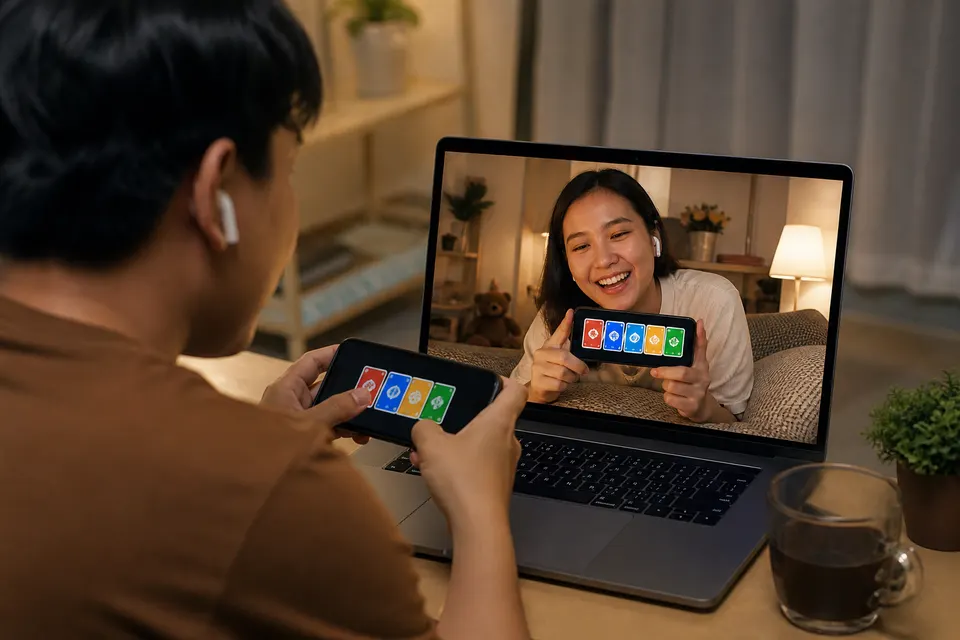 Pasangan berbicara lewat video call dari dua tempat