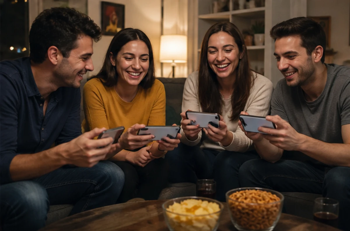 Birlikte telefon oyunu oynayan iki kişi