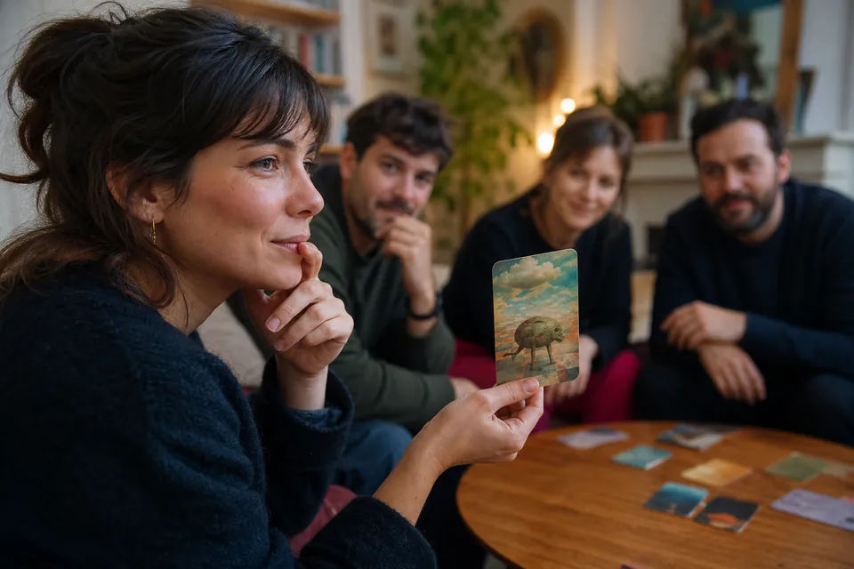 Joueuse réfléchissant à une association devant ses cartes