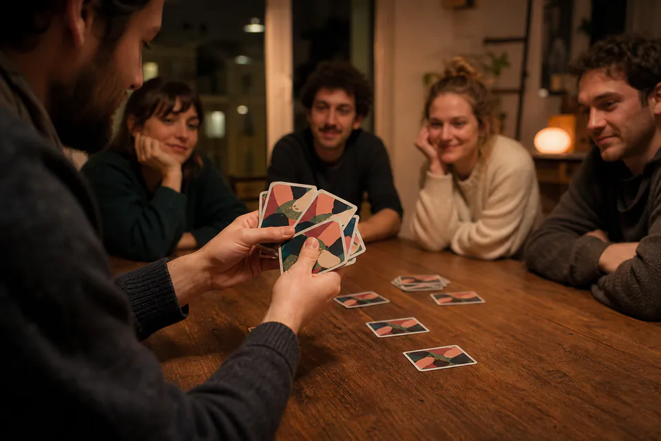 Conteur mélangeant des cartes illustrées face cachée