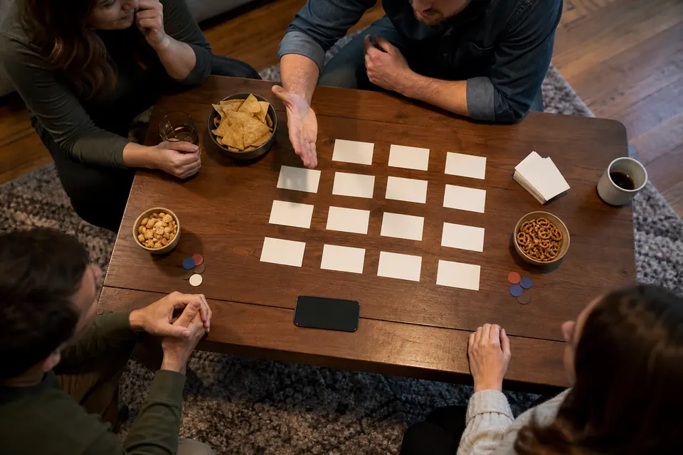 Overhead view of blank clue cards, a phone, and game tokens