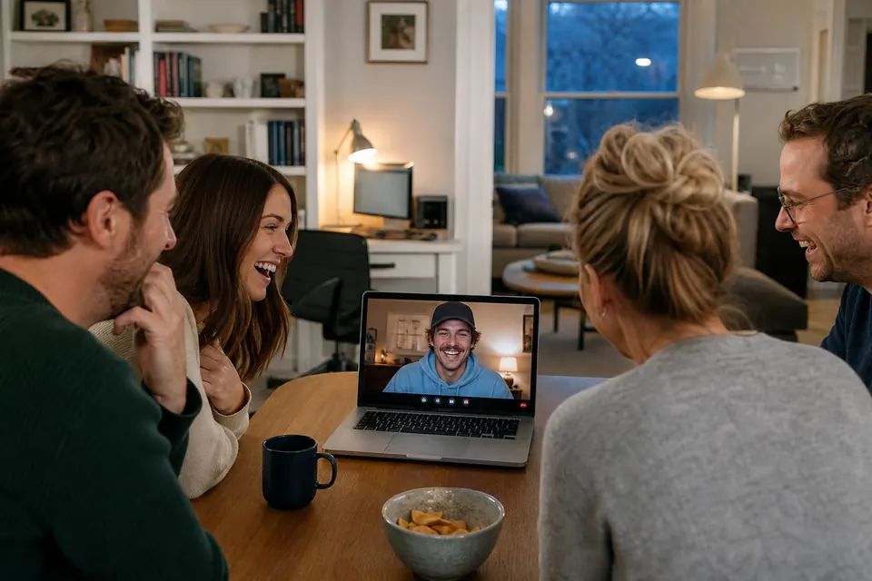 Friends playing an imposter word game with a remote guest on a laptop