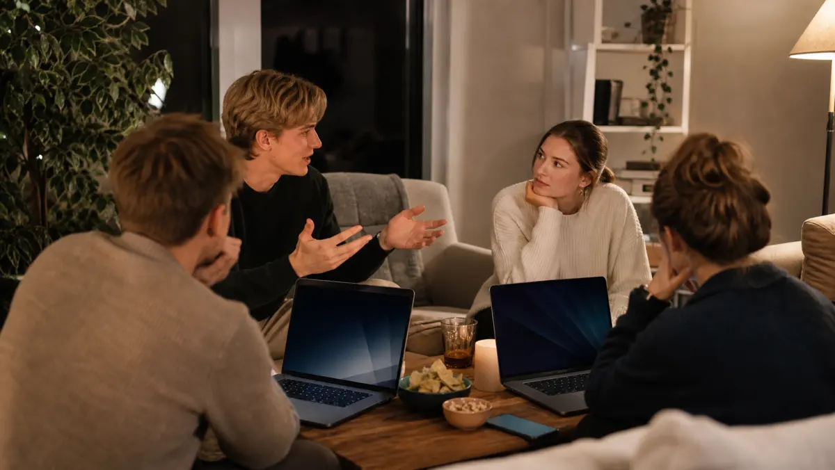 Norske venner som diskuterer ledetråder i et spill med skjulte roller