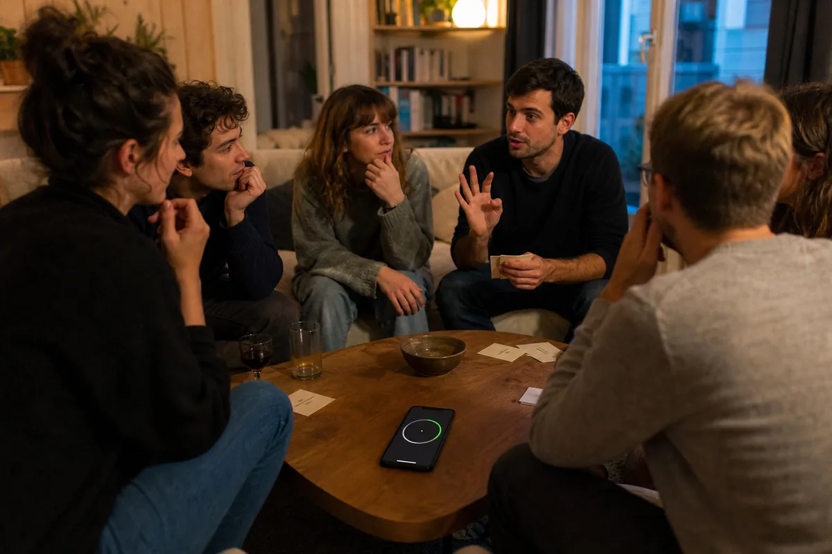 Groupe donnant des indices brefs pendant une partie d’Imposteur