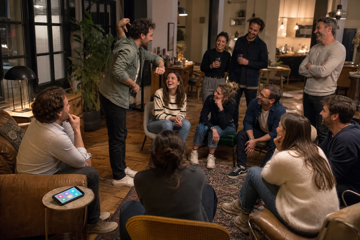 Grand groupe partageant un téléphone pour une variante de l’Imposteur