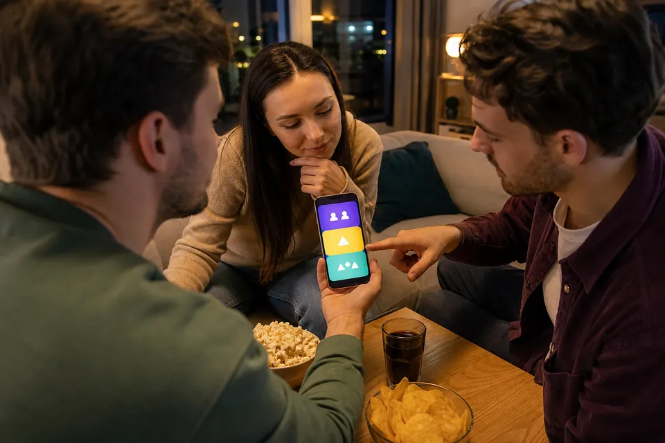 Friends selecting an impostor game on a phone before a party