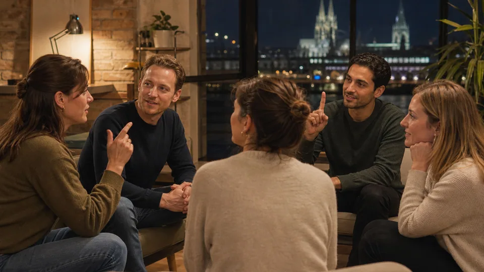 Freunde geben nacheinander kurze Hinweise in einer Imposter-Runde