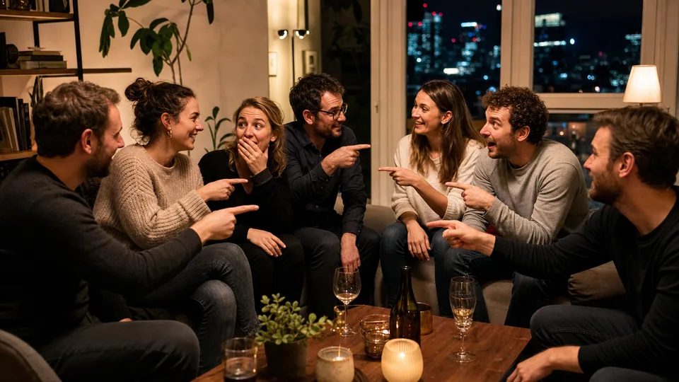 Sieben Freunde stimmen lachend über den vermuteten Imposter ab