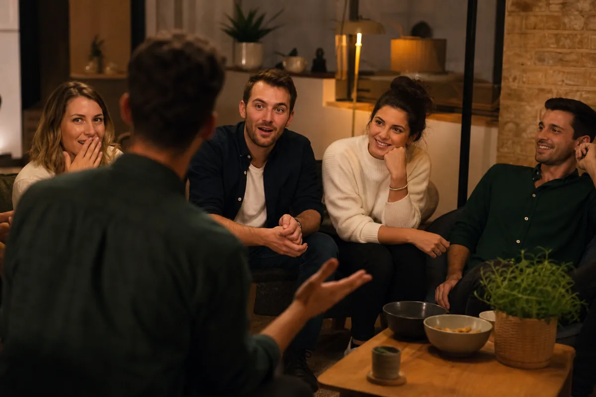 Groupe d’amis partageant une anecdote gênante