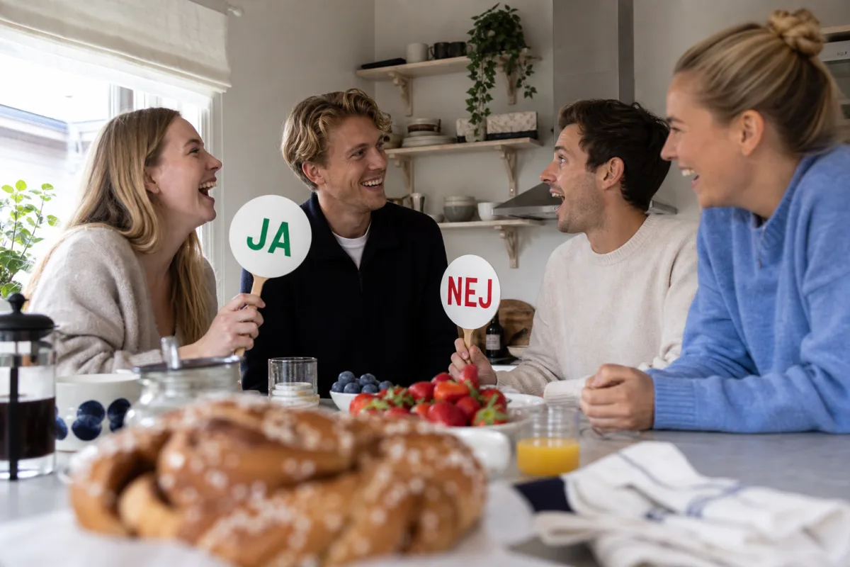 Vänner skrattar åt en fråga