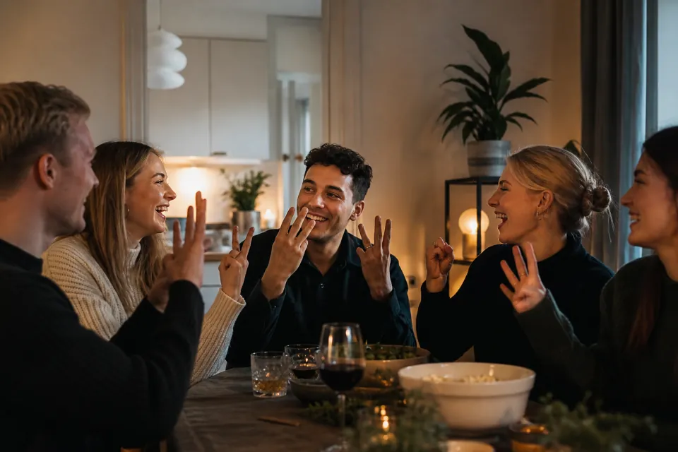 Vänner pratar runt ett festbord