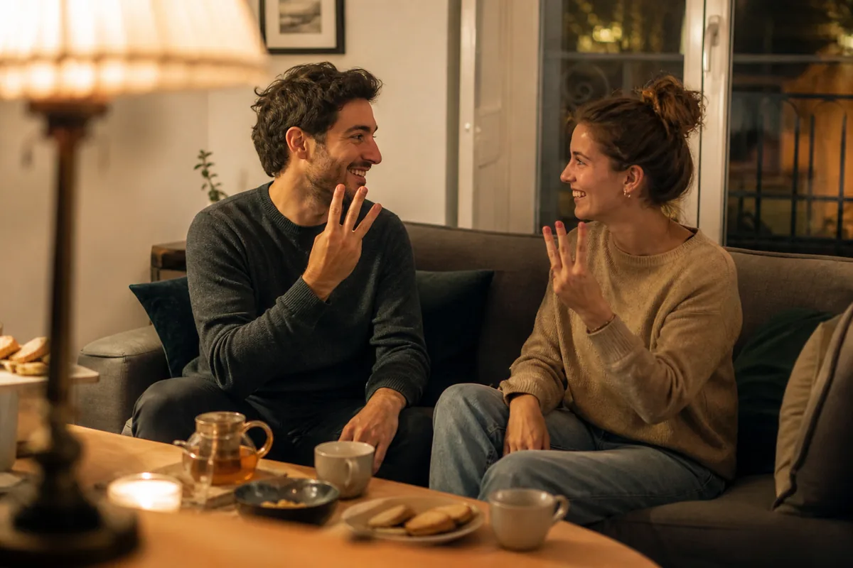 Couple souriant pendant un jeu de questions à deux