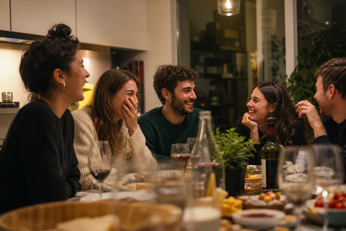 Amis riant autour d’une table pendant un jeu de questions
