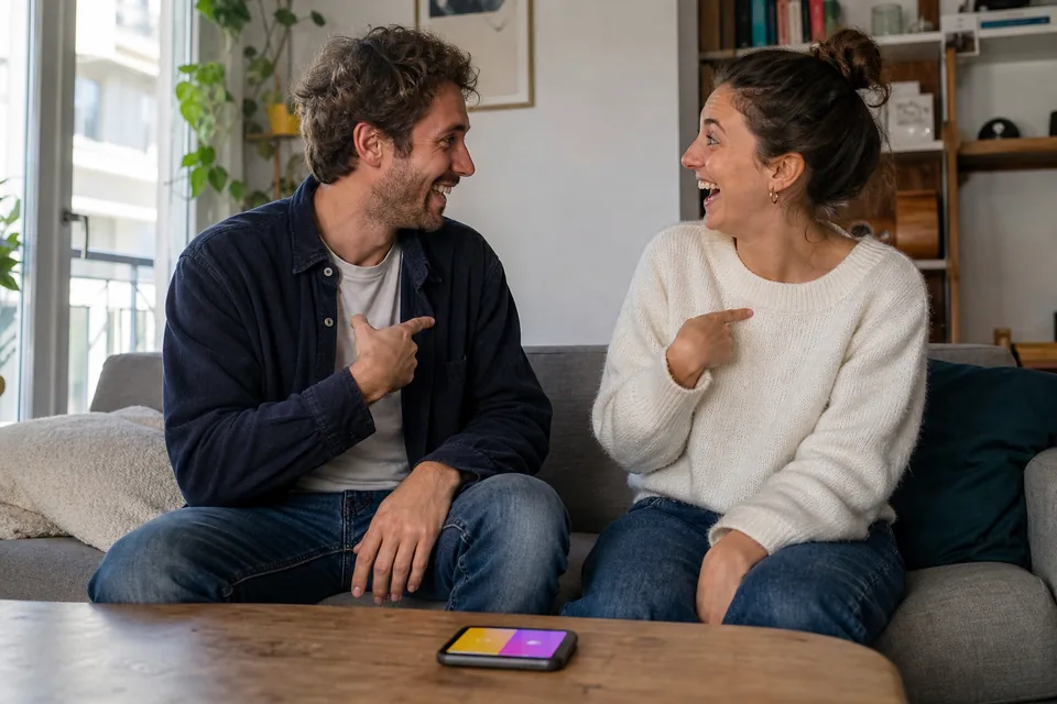 Couple comparant ses réponses au jeu Qui de nous deux