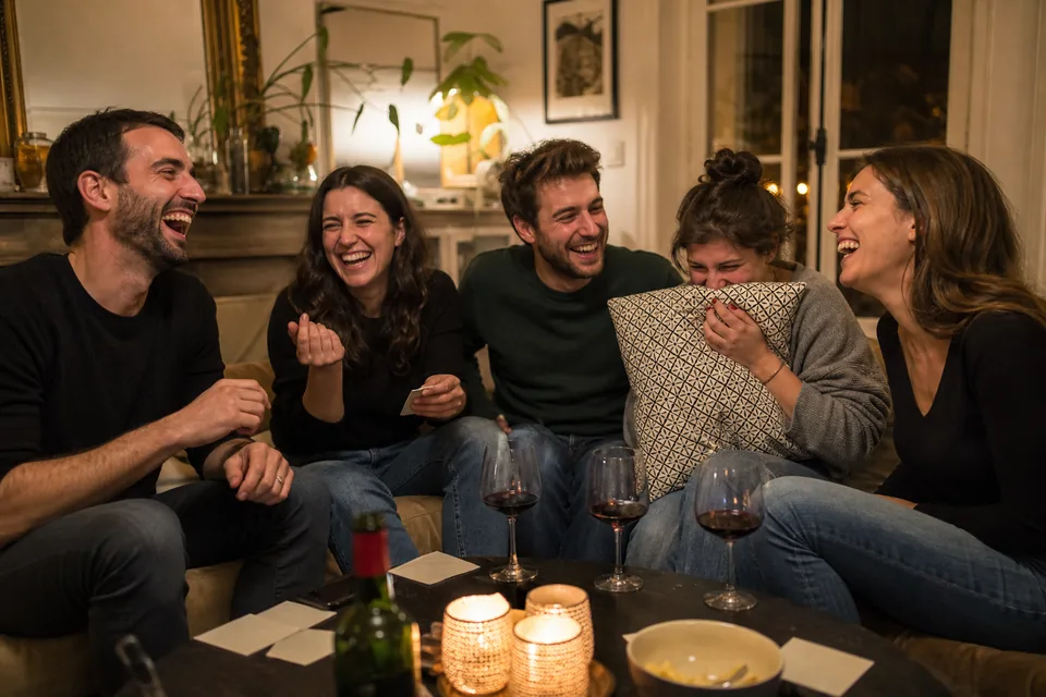 Groupe d’amis riant autour d’une table de salon