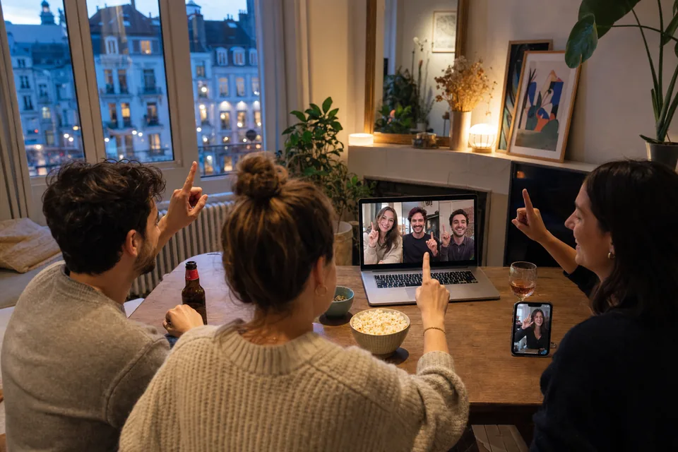 Amis jouant au jeu des questions pendant un appel vidéo