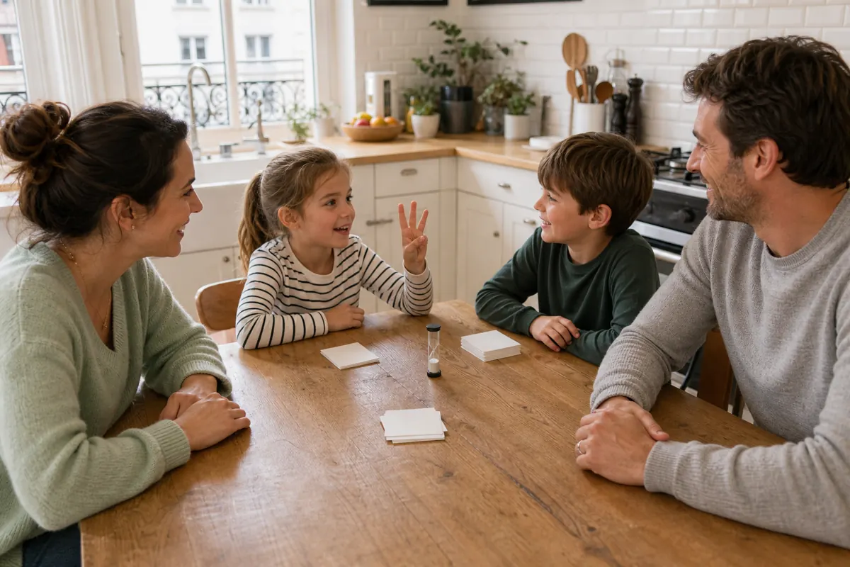 Famille souriante pendant un jeu chronométré