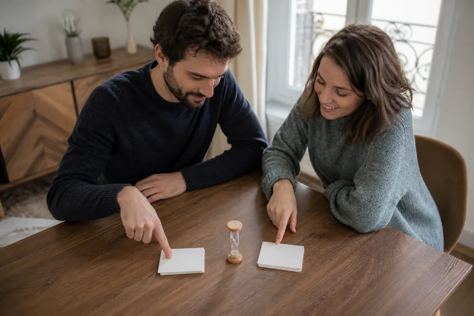 Un couple organise les cartes et le sablier avant la partie