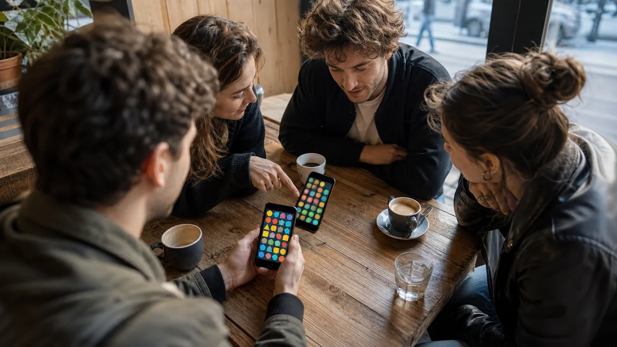 Groupe choisissant un format de jeu sur smartphone