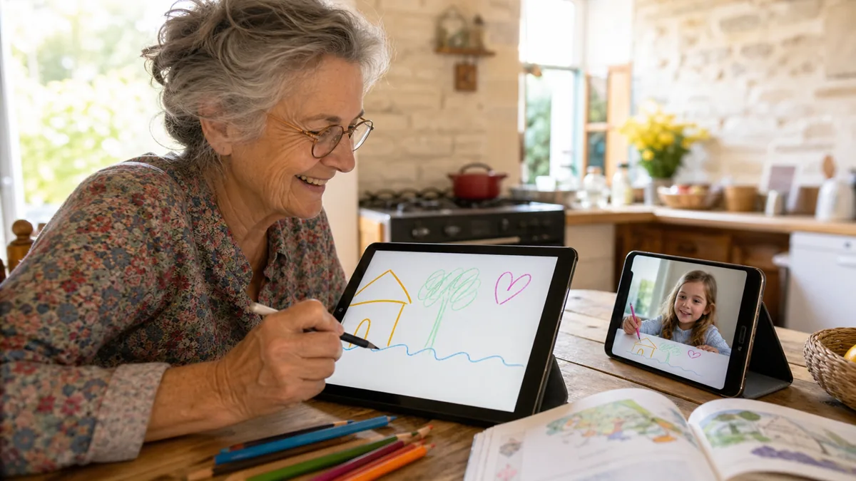 Enfant dessinant pendant un appel avec sa famille