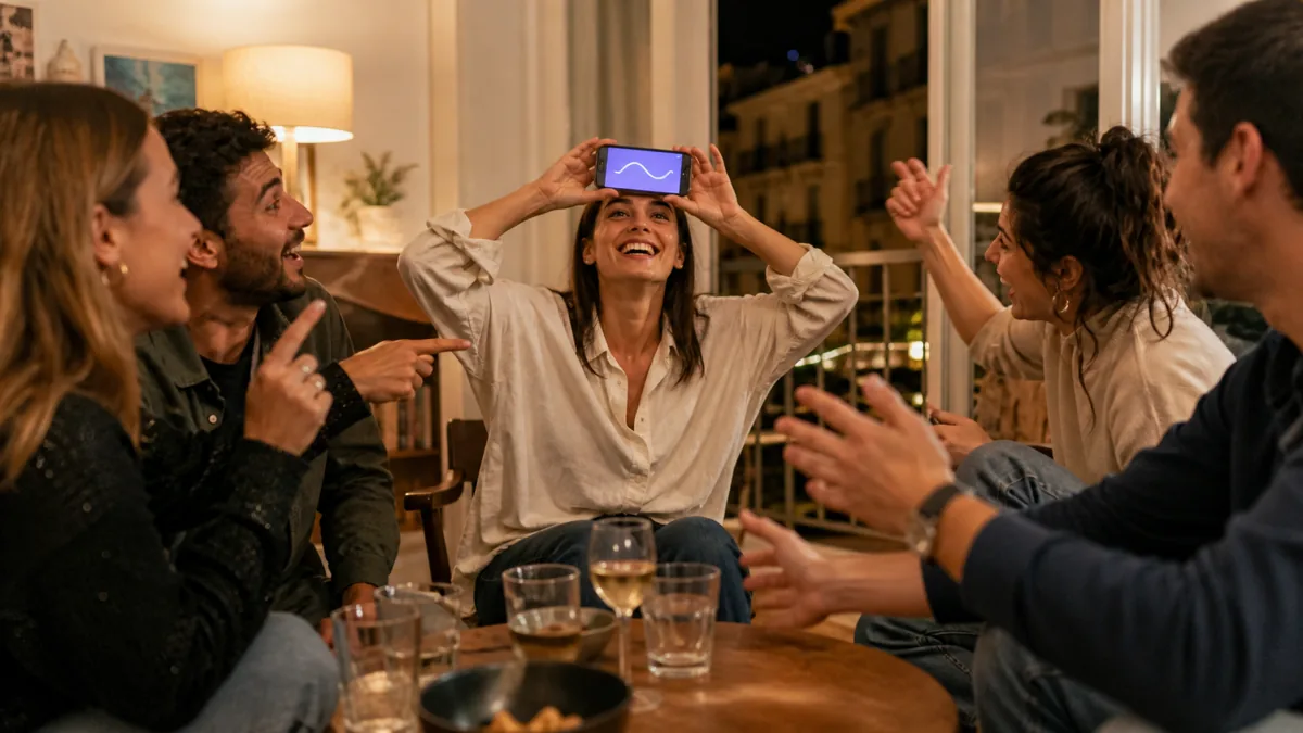 Amis jouant avec un seul téléphone dans un salon