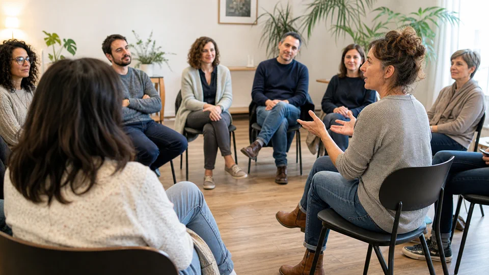 Animatrice présentant un jeu à un groupe d’adultes