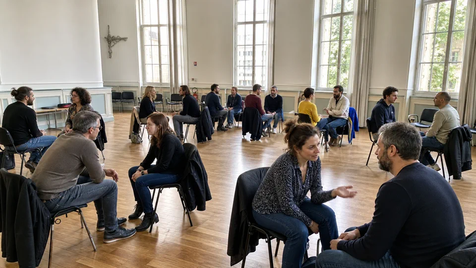 Grand groupe échangeant pendant un atelier