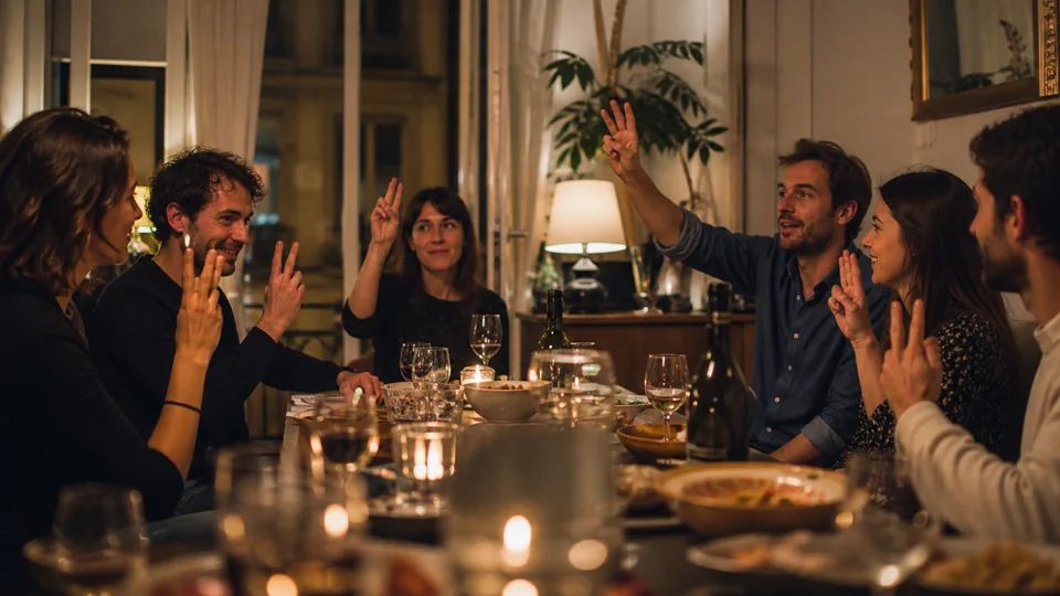 Amis adultes jouant autour d’une table en soirée