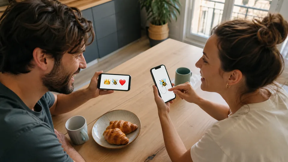 Couple européen échangeant des énigmes emoji sur WhatsApp